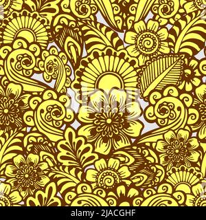 Warmes gelb-braunes Muster auf grauem Hintergrund, florales, sich wiederholendes Muster, orientalische Motive, Mahendi Stock Vektor