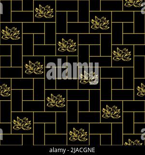 Nahtlose geometrische Muster Fliese mit floralen Elementen, goldene Wiederholung Muster auf schwarz, Textur, Tapete Stock Vektor