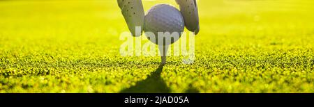 Nahaufnahme eines Golfspielers, der mit Handschuhen den Golfball auf einem Abschlag auf dem Golfplatz platziert Stockfoto