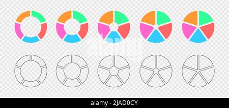 Runde Formen, die in sechs gleiche Teile geschnitten werden. Donut-Diagramme eingestellt. Infografik-Räder in 6 mehrfarbige und grafische Abschnitte unterteilt. Kreisdiagramme in flacher und grafischer Ausführung. Vektorgrafik Stock Vektor