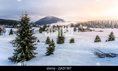 Verschneite Landschaft des Winter-Isergebirges Stockfoto