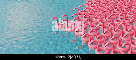 Große Gruppe aufblasbarer Schwimmringe in Pink Flamingo, die im Pool schwimmen. Sommerurlaub Konzept 3D Render 3D Illustration Stockfoto