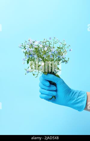 Handschmuck mit blauen Blumen, Pflege- und Schutzkonzept, Öko- oder Alternativtherapie. Stockfoto