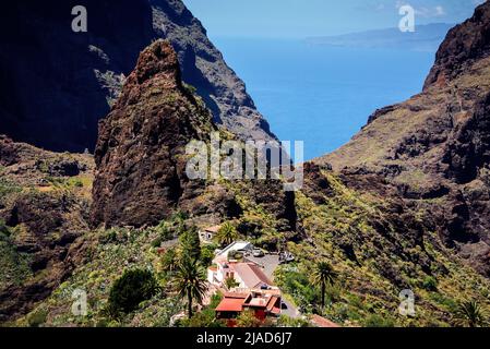 Luftaufnahme von Masca Dorf, Macizo de Teno Berge, Teneriffa, Kanarische Inseln, Spanien Stockfoto