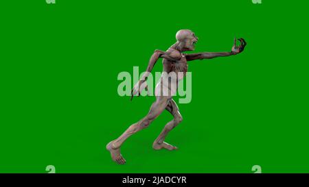 Fantasy-Figur Zombie Undead in epischer Pose - 3D Render auf isoliertem grünen Hintergrund Stockfoto