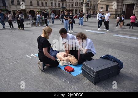 Lviv, Ukraine. 27.. Mai 2022. Massenschulung zur häuslichen Betreuung von Flüchtlingen und Lviv-Bewohnern im Zentrum von Lviv. (Foto von Pavlo Palamarchuk/SOPA Images/Sipa USA) Quelle: SIPA USA/Alamy Live News Stockfoto