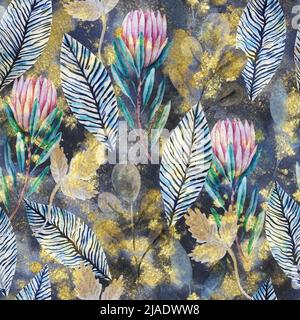 Vintage nahtlose Muster mit handbemalten Luxus glitzernden protea Blumen. Stockfoto