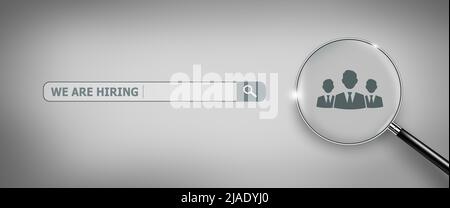 Wir stellen die Suche mit Vergrößerungsglas ein. Karriere Beschäftigung Einstellung Stellenbesetzung. Wahl Geschäftsmann und Business Recruiting Konzept. 3D Rendern. Stockfoto