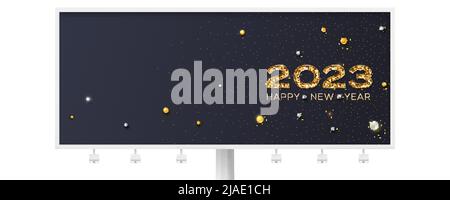 Glitzernde goldene Zahlen 2023. Minimalistische Neujahrswerbung mit Weihnachtsdekoration. Stock Vektor