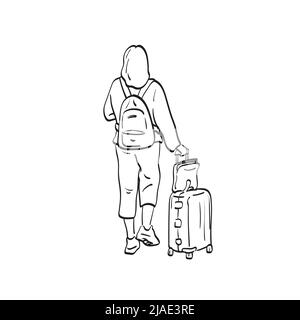 Rückansicht der Frau mit ihrem Gepäck für Reisen Illustration Vektor Hand gezeichnet isoliert auf weißem Hintergrund Linie Kunst Stock Vektor
