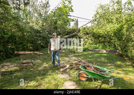 Herr Alex Ouellette steht vor einem angeblich 200 Jahre alten Baum, der durch die starken Winde halb gebrochen wurde. Der Sturm vom 21.. Mai in der Provinz Quebec hinterließ eine Spur der Zerstörung. Meteorologen nennen es ein Derecho, einen weit verbreiteten, langlebigen, geraden Windsturm. In der Gemeinde Saint-Hippolyte, 45km nördlich von Montreal, verloren über 2000 Menschen im Gebiet des Achigan Lake an die Macht. Innerhalb der Provinz itís glaubte, dass über 400.000 Menschen an die Macht verloren. Hydro-Quebec arbeitet daran, den Strom für das Gebiet wieder aufzufüllen. Stockfoto