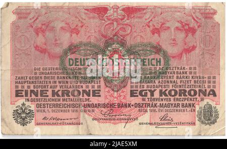 Banknote, 1 Kronen. Alois Hans Schram (1864-1919), Künstler, Rudolf Rössler (1864-1934), Künstler, Rudolf Junk (1880-1943), Künstler, Österreichisch-Ungarische Bank, Münzbehörde Stockfoto