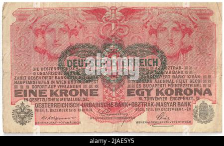 Banknote, 1 Kronen. Alois Hans Schram (1864-1919), Künstler, Rudolf Rössler (1864-1934), Künstler, Rudolf Junk (1880-1943), Künstler, Österreichisch-Ungarische Bank, Münzbehörde Stockfoto