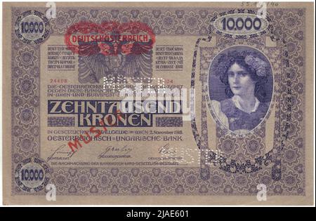 Banknote (Muster), 10.000 Kronen. Rudolf Rössler (1864-1934), Künstler, Heinrich Lefler (1863-1919), Künstler, Rudolf Junk (1880-1943), Künstler, Österreichisch-Ungarische Bank, Münzbehörde Stockfoto