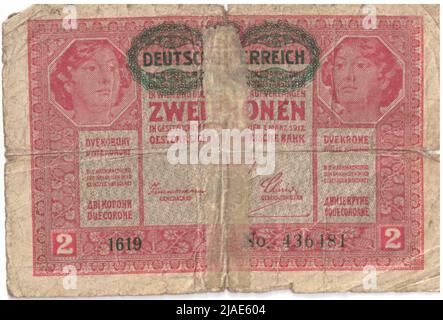 Banknote, 2 Kronen. Alois Hans Schram (1864-1919), Künstler, Rudolf Rössler (1864-1934), Künstler, Rudolf Junk (1880-1943), Künstler, Österreichisch-Ungarische Bank, Münzbehörde Stockfoto