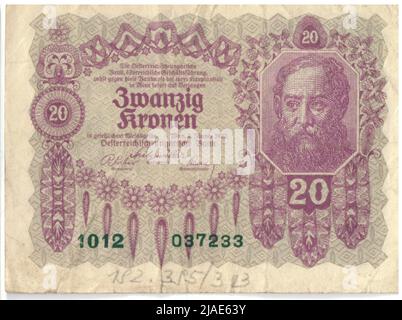 Banknote, 20 Kronen. Rudolf Rössler (1864-1934), Künstler, Rudolf Junk (1880-1943), Künstler, Österreichisch-Ungarische Bank of Austrian Management, MINT-Behörde Stockfoto