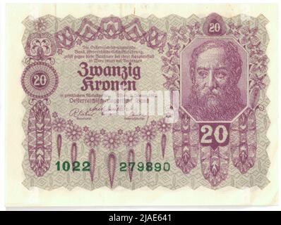 Banknote, 20 Kronen. Rudolf Rössler (1864-1934), Künstler, Rudolf Junk (1880-1943), Künstler, Österreichisch-Ungarische Bank of Austrian Management, MINT-Behörde Stockfoto