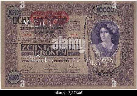 Banknote (Muster), 10.000 Kronen. Rudolf Rössler (1864-1934), Künstler, Heinrich Lefler (1863-1919), Künstler, Rudolf Junk (1880-1943), Künstler, Österreichisch-Ungarische Bank, Münzbehörde Stockfoto