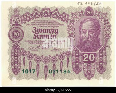 Banknote, 20 Kronen. Rudolf Rössler (1864-1934), Künstler, Rudolf Junk (1880-1943), Künstler, Österreichisch-Ungarische Bank of Austrian Management, MINT-Behörde Stockfoto