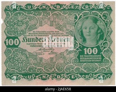 Banknote, 100 Kronen. Rudolf Rössler (1864-1934), Künstler, Rudolf Junk (1880-1943), Künstler, Österreichisch-Ungarische Bank of Austrian Management, MINT-Behörde Stockfoto