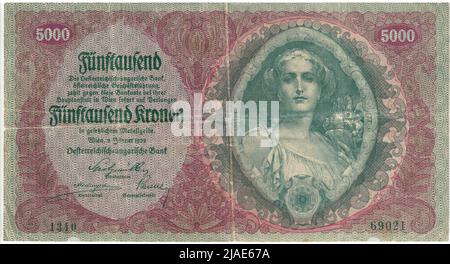 Banknote, 5000 Kronen. Alois Hans Schram (1864-1919), Künstler, Rudolf Junk (1880-1943), Künstler, Österreichisch-Ungarische Bank of Austrian Management, MINT-Behörde Stockfoto