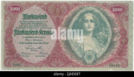 Banknote, 5000 Kronen. Alois Hans Schram (1864-1919), Künstler, Rudolf Junk (1880-1943), Künstler, Österreichisch-Ungarische Bank of Austrian Management, MINT-Behörde Stockfoto