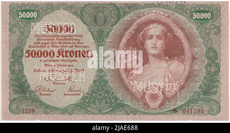 Banknote (Muster), 50000 Kronen. Alois Hans Schram (1864-1919), Künstler, Rudolf Junk (1880-1943), Künstler, Österreichisch-Ungarische Bank of Austrian Management, MINT-Behörde Stockfoto