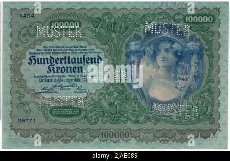 Banknote (Muster), 100.000 Kronen. Alois Hans Schram (1864-1919), Künstler, Rudolf Junk (1880-1943), Künstler, Österreichisch-Ungarische Bank of Austrian Management, MINT-Behörde Stockfoto