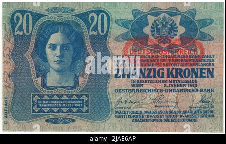 Banknote, 20 Kronen. Österreichisch-ungarische Bank, MÜNZBEHÖRDE Stockfoto