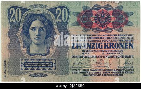 Banknote, 20 Kronen. Österreichisch-Ungarische Bank, Münzanstalt, Josef Pfeiffer (1864-1915), Künstler Stockfoto