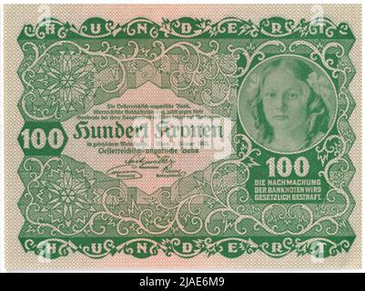 Banknote, 100 Kronen. Rudolf Rössler (1864-1934), Künstler, Rudolf Junk (1880-1943), Künstler, Österreichisch-Ungarische Bank of Austrian Management, MINT-Behörde Stockfoto