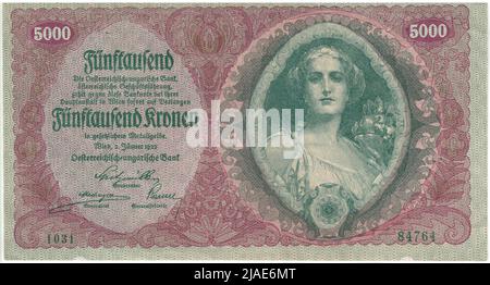 Banknote, 5000 Kronen. Alois Hans Schram (1864-1919), Künstler, Rudolf Junk (1880-1943), Künstler, Österreichisch-Ungarische Bank of Austrian Management, MINT-Behörde Stockfoto