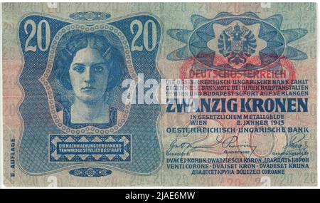 Banknote, 20 Kronen. Österreichisch-Ungarische Bank, Münzanstalt, Josef Pfeiffer (1864-1915), Künstler Stockfoto