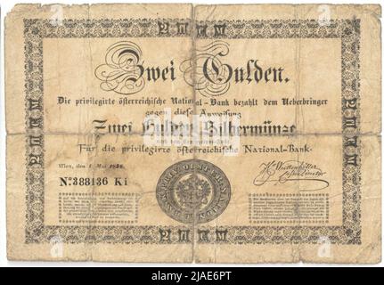 Anleitung (gefälscht), 2 Gulden. Privilegierte österreichische Nationalbank, MÜNZBEHÖRDE Stockfoto