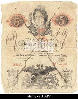 Anleitung (gefälscht), 5 Gulden. Privilegierte österreichische Nationalbank, MÜNZBEHÖRDE Stockfoto