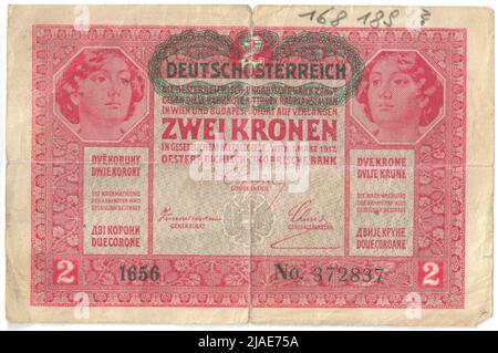 Banknote, 2 Kronen. Alois Hans Schram (1864-1919), Künstler, Rudolf Rössler (1864-1934), Künstler, Rudolf Junk (1880-1943), Künstler, Österreichisch-Ungarische Bank, Münzbehörde Stockfoto