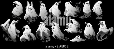 Halloween Set mit Geisterfiguren mit verschiedenen Emotionen isoliert auf schwarzem Hintergrund. Vektor-Cartoon-Illustration von fliegenden weißen Phantom, gruseligen Geist lächelnd, erschreckt, glücklich, überrascht und wütend Stock Vektor