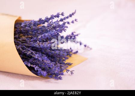 Lavendelblüten auf hellem Hintergrund mit Kopierfläche. Strauß violetter Blume mit Platz für Text. Stockfoto