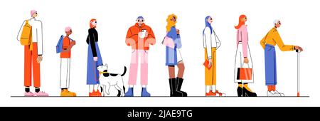 Verschiedene Leute warten in einer langen Schlange. Vektor flache Illustration der multirassischen Gruppe, Erwachsene Charaktere, Ältester Mann, Junge, Student und Frau mit Hund stehen in Reihe Stock Vektor