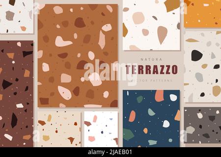 Set von Terrazzo nahtlose Muster. Granitsteinstruktur. Abstrakte Hintergründe für Innenarchitektur, Tapete, Steinzeug, Wrapper Papier. Vintage Stock Vektor