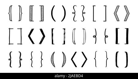 Handgezeichnete Klammer, Klammerelement. Doodle Skizzenklammer für Text, qoute Dekoration. Linie, geschweifte Klammerform. Vektorgrafik. Stock Vektor