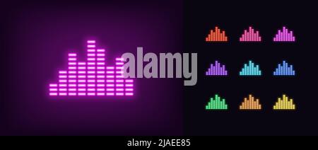 Umreißen Sie das Symbol für den Equalizer von Neon-Musik. Leuchtender Neon-Sound-Equalizer mit Balken, Soundwave-Piktogramm. Musikalische Spur und Klangspektrum, Musik-Player, Digita Stock Vektor