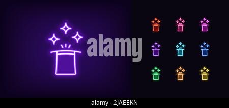 Umreißen Sie das Symbol für einen magischen Neon-Hut. Leuchtender, magischer Neon-Hut mit Strahlen und Sternen, Piktogramm der Zaubererkappe. Illusionist Hut, Fokus und Trick, Illusion, Magie sho Stock Vektor