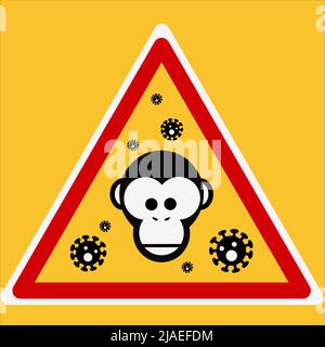 Vektor-Illustration von Affen-Symbol mit Viruszellen. Neue Virus monkeypox 2022 - Krankheit durch Affen übertragen, Affen in einfachen flachen Stil isoliert Stock Vektor