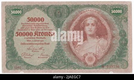 Banknote, 50.000 Kronen. Alois Hans Schram (1864-1919), Künstler, Rudolf Junk (1880-1943), Künstler, Österreichisch-Ungarische Bank of Austrian Management, MINT-Behörde Stockfoto