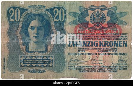 Banknote, 20 Kronen. Österreichisch-Ungarische Bank, Münzanstalt, Josef Pfeiffer (1864-1915), Künstler Stockfoto