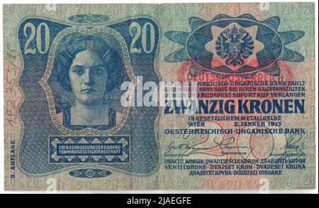 Banknote, 20 Kronen. Österreichisch-Ungarische Bank, Münzanstalt, Josef Pfeiffer (1864-1915), Künstler Stockfoto