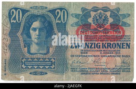 Banknote, 20 Kronen. Österreichisch-Ungarische Bank, Münzanstalt, Josef Pfeiffer (1864-1915), Künstler Stockfoto