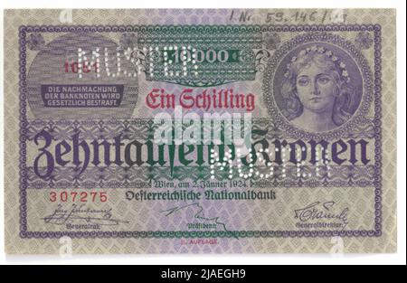 Banknote (Muster), 10.000 Kronen/1 Schilling. Rudolf Junk (1880-1943), Künstler, Austria National Bank, Mint Authority Stockfoto