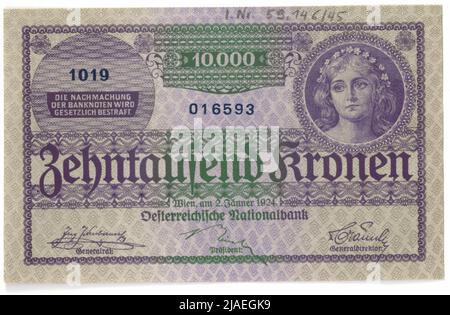 Banknote, 10.000 Kronen. Rudolf Junk (1880-1943), Künstler, Austria National Bank, Mint Authority Stockfoto